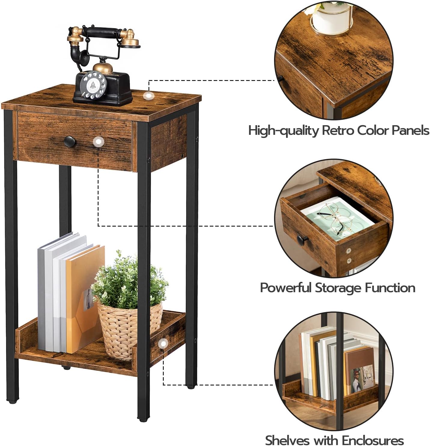 HOOBRO Tall End Table, Nightstand, Industrial Side Table with Drawer and Storage Shelf, for Study, Bedroom, Space Saving, Rustic Brown and Black BF71BZ01