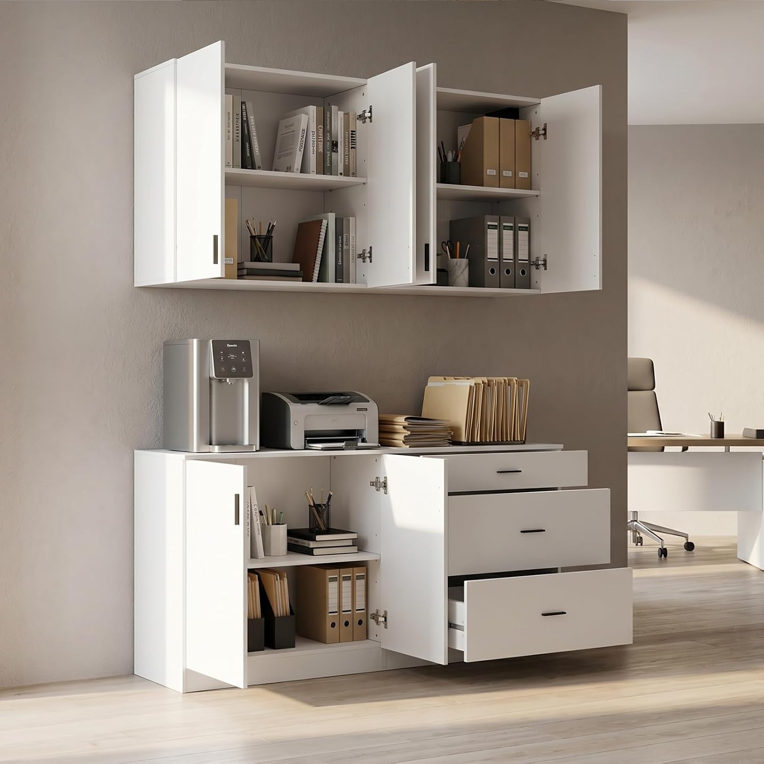 63" Wide Kitchen Pantry, 2-Piece Modern Storage Cabinet with 6 Doors and 3 Drawers, Food Pantry Cabinets with 3 Adjustable Shelves, Wall Mounted Cupboard and Base Cabinet for Kitchen, White