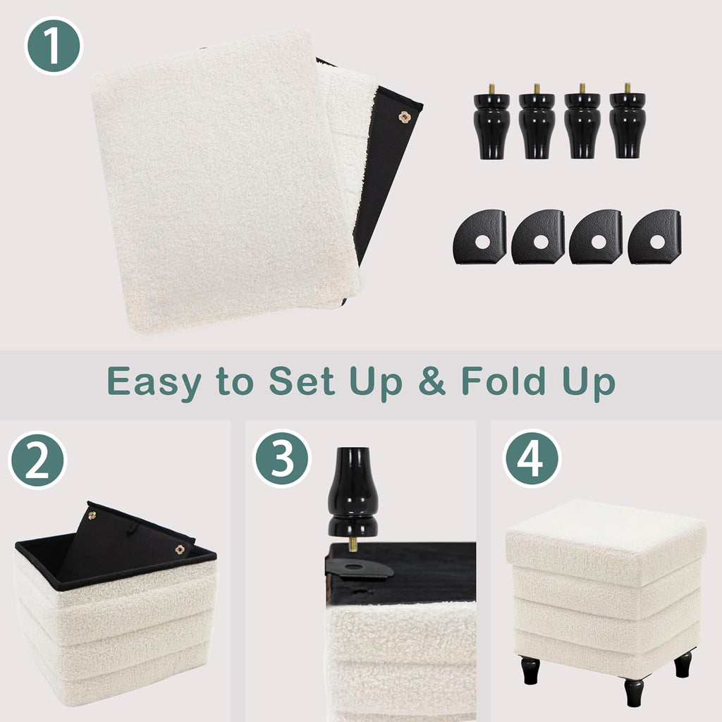 CAROLMADE Folding Storage Ottoman Cube Sherpa Footstool with Wood Legs Ottoman Footrest for Living Room and Bedroom, White 15"x12.6"x15.4"
