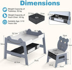 Children's Table with 2 Bear Chairs, 5-in-1 Painting Table with Reversible Board & Whiteboard, Children's Seating Set with Storage Space, 4 Hooks & Fabric Containers for Children 3-10 Years