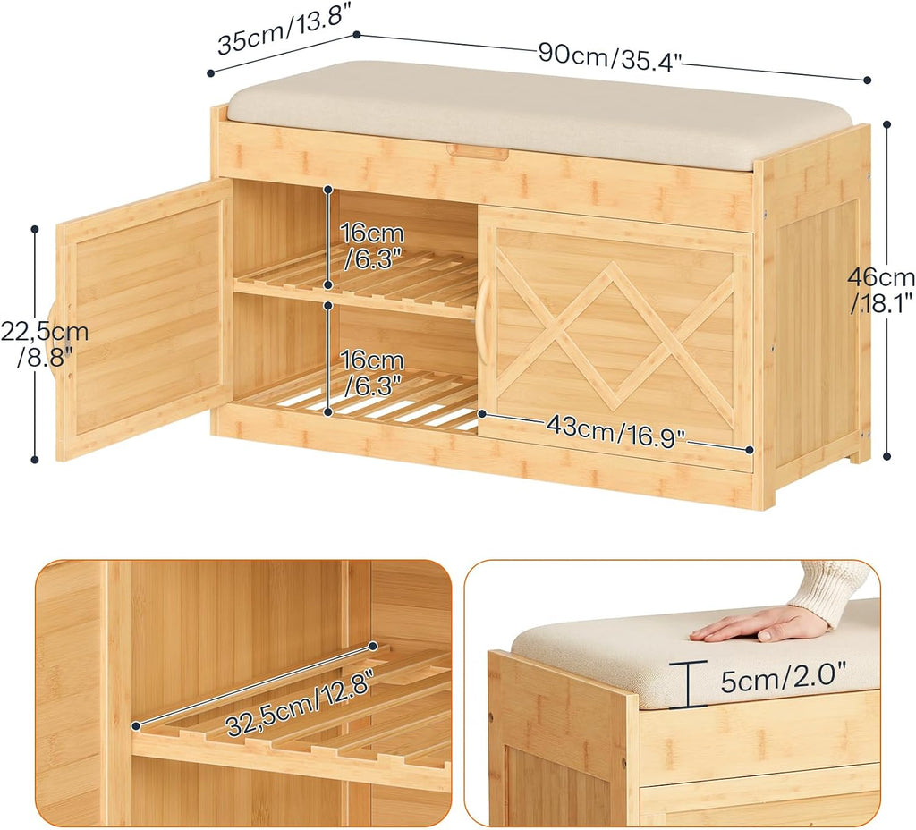 HOOBRO Shoe Bench, Shoe Storage Bench with Cushion, Bamboo Entryway Bench with Hidden Compartment, Storage Bench with Lift Top and 2 Door, for Living Room, Bedroom, Hallway, Beige and Natural YE60HX01