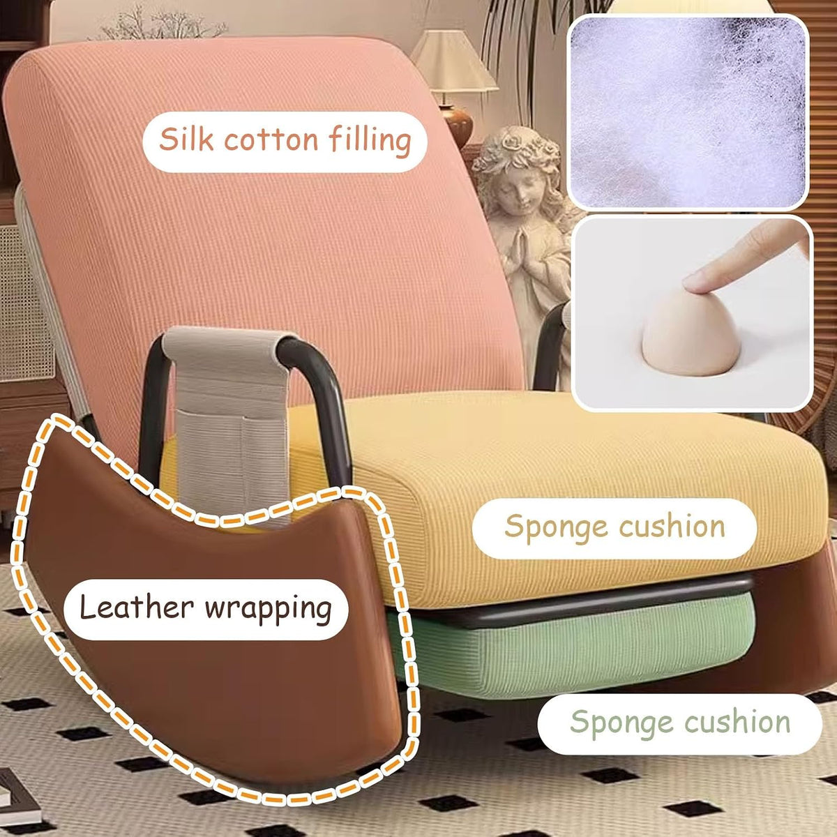 Rocking Chair with Side Bags, Adjustable Backrest Recliner Armchairs, Wide Accent Chair with Retractable Pedals, for Offices, Cafes, Reception Rooms