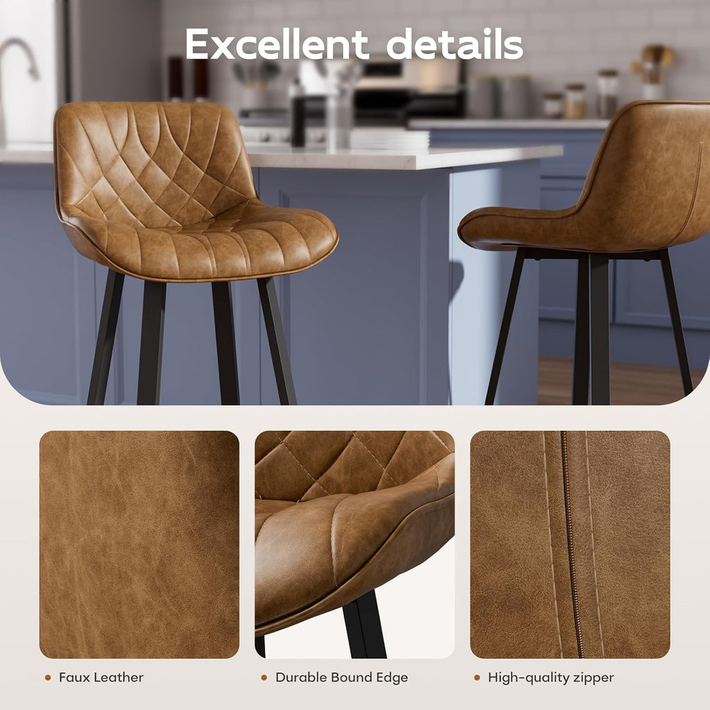 26" Brown Counter Height Bar Stools Set of 4, for Kitchen Island | Curved Seat with Back, Diamond Quilted Vintage Leather, 350lbs Stable Metal legs with Footrest & Anti-slip Mat, Easy Assembly