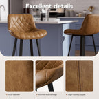 26" Brown Counter Height Bar Stools Set of 4, for Kitchen Island | Curved Seat with Back, Diamond Quilted Vintage Leather, 350lbs Stable Metal legs with Footrest & Anti-slip Mat, Easy Assembly
