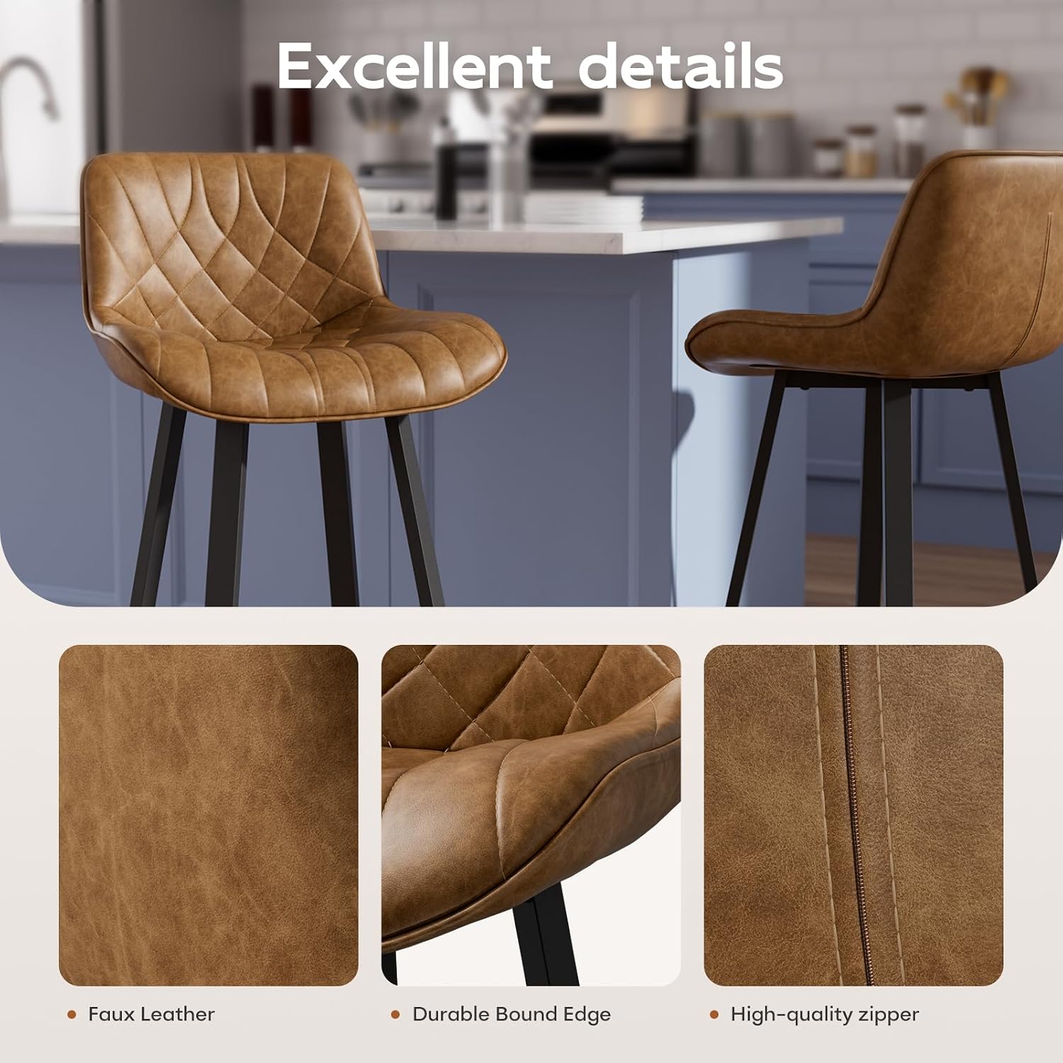 26" Brown Counter Height Bar Stools Set of 4, for Kitchen Island | Curved Seat with Back, Diamond Quilted Vintage Leather, 350lbs Stable Metal legs with Footrest & Anti-slip Mat, Easy Assembly
