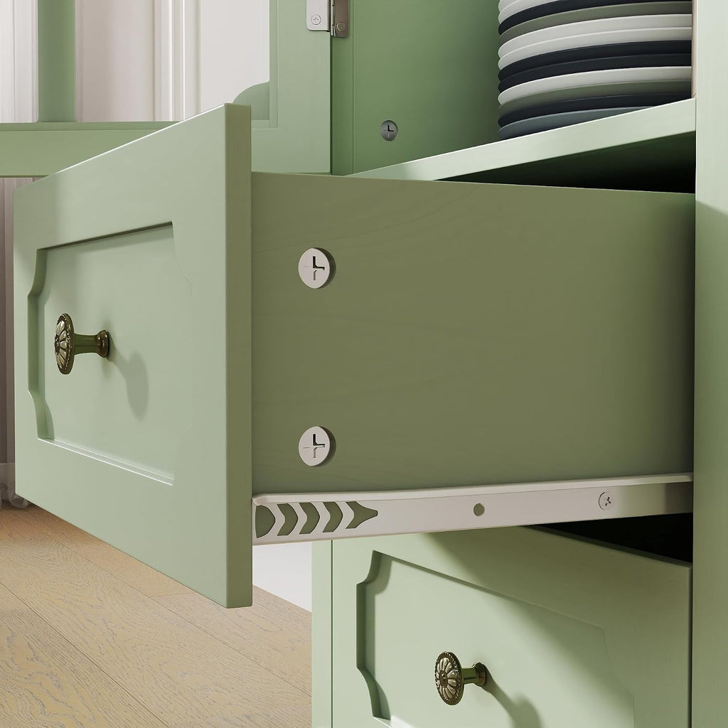CNXINHUISUAN Minimalist Sideboard - Modern Buffet Cabinet with Glass Doors & 2 Drawers, Wood Storage Console for Dining Room & Entryway (Mint Green)