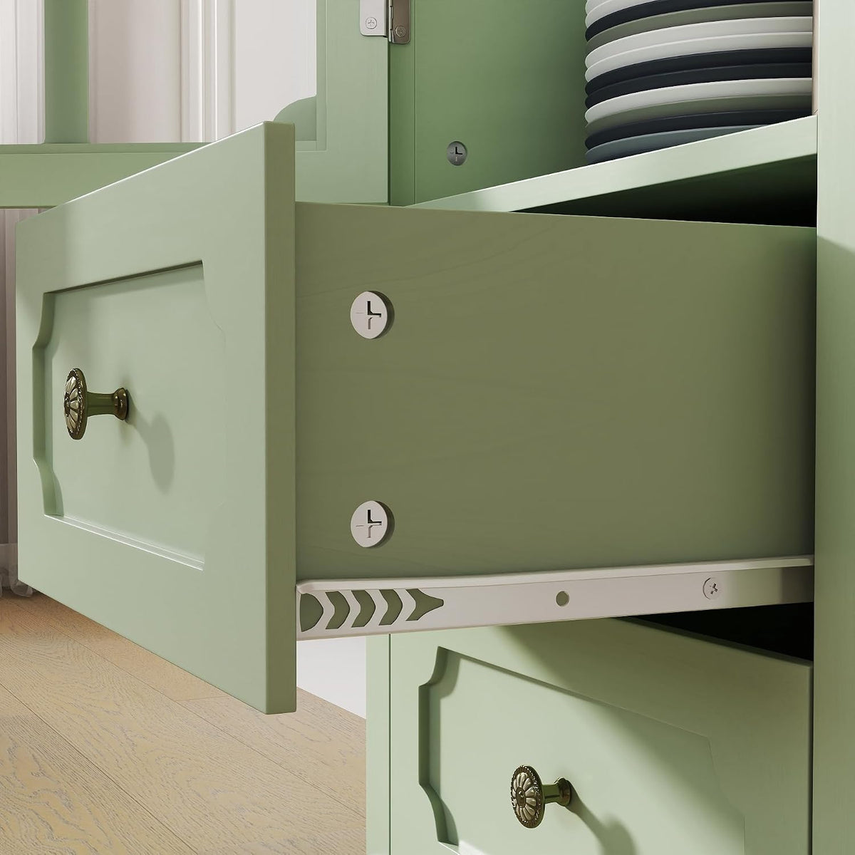 CNXINHUISUAN Minimalist Sideboard - Modern Buffet Cabinet with Glass Doors & 2 Drawers, Wood Storage Console for Dining Room & Entryway (Mint Green)