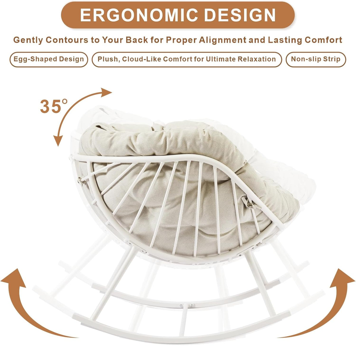 Oversized Outdoor Rocking Chair, Patio Papasan Egg Chair, Rocker Reading Lounge with Thick Cushion, Comfy Indoor Rocker Chair for Bedroom, Living Room, Porch, Poolside