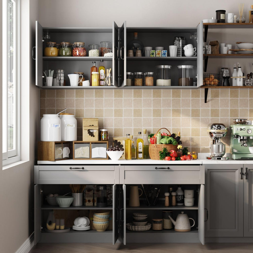 63" Kitchen Cabinet Set with Wall Mounted Cupboard and Buffet Sideboard, Pantry Storage Cabinet with Adjustable Shelves and Drawers, Shaker Style Kitchen Organizer, Grey and White