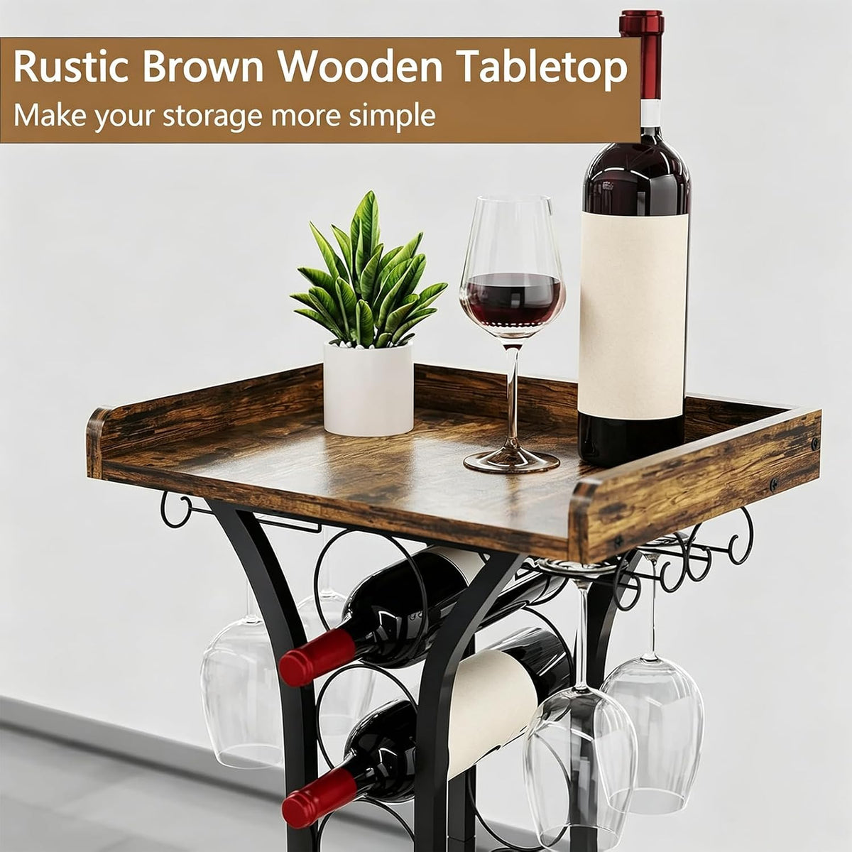 Wine Rack Freestanding Floor, Freestanding Wine Racks with 14 Bottles Wine Glass Holder, Mini Bar Wood Tabletop Wine Storage, Small Wine Cabinet for Home Bar Kitchen Dining Room