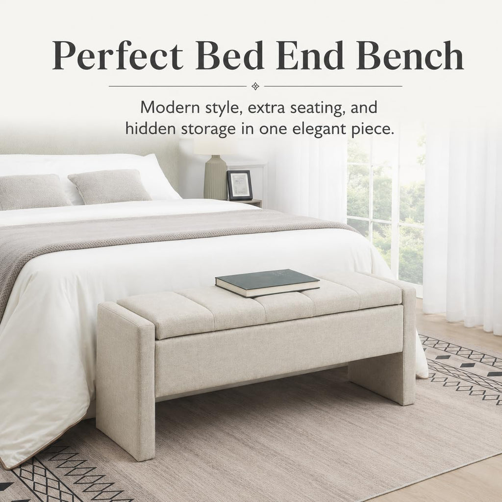 47.25 Inch Storage Ottoman Bench, Linen Upholstered, Light Grey | End of Bed Storage Bench, Entryway Shoe Bench and Footrest for Bedroom, Living Room, Dorm, Window Area and Small Spaces
