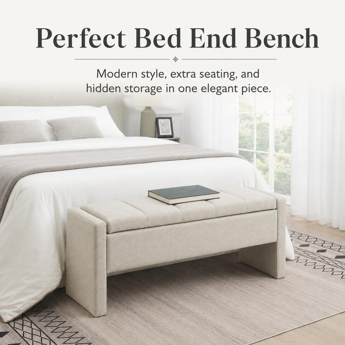 47.25 Inch Storage Ottoman Bench, Linen Upholstered, Light Grey | End of Bed Storage Bench, Entryway Shoe Bench and Footrest for Bedroom, Living Room, Dorm, Window Area and Small Spaces