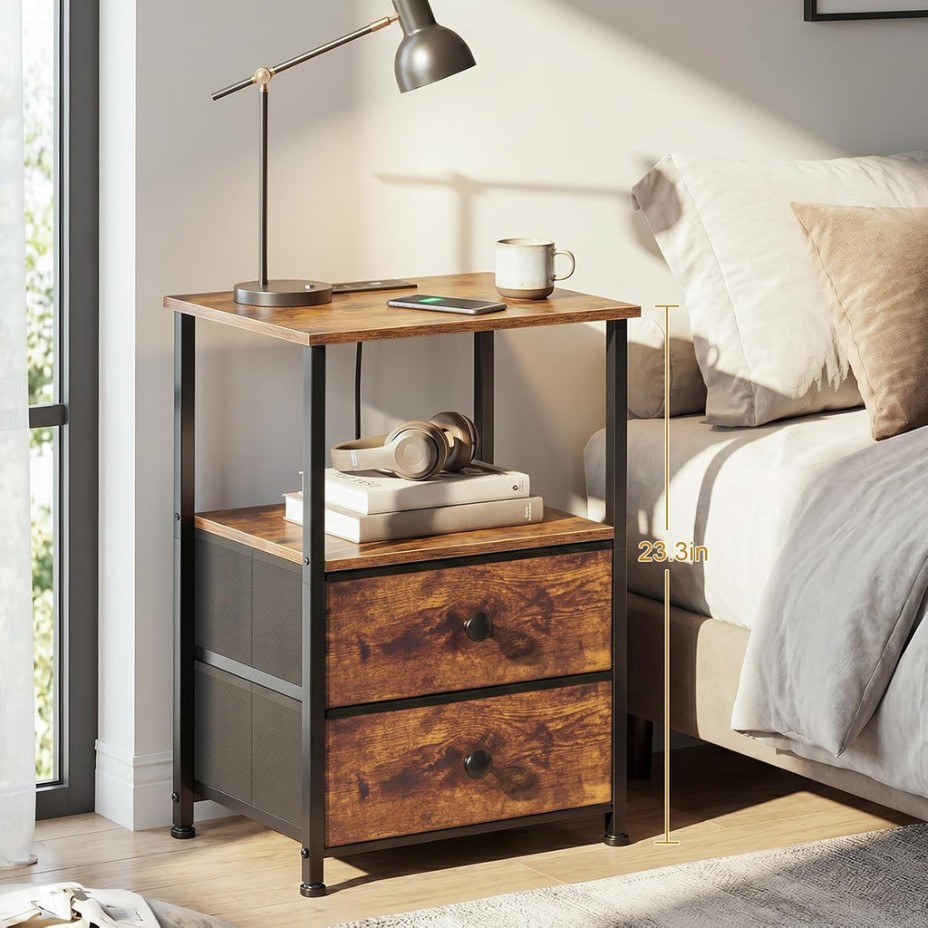 LOAKEKEL Night Stand, Nightstands Set of 2 with Charging Station | Bedside Table with 2 Fabric Drawers for Bedroom, End Tables with Storage Shelf for Small Spaces, Rustic Brown