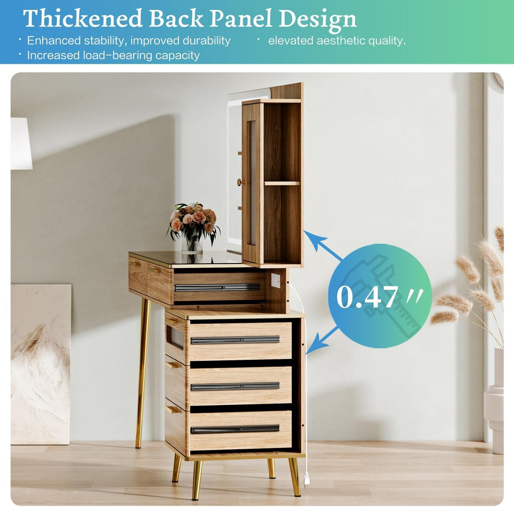 Arulvmrn Vanity Desk with 29.53" HD Lighted Mirror, 47.24" Big Modern Vanity Desk with Mirror and Lights, Makeup Vanity with 5 Drawers and Storage Shelves and Charging Station, Oak
