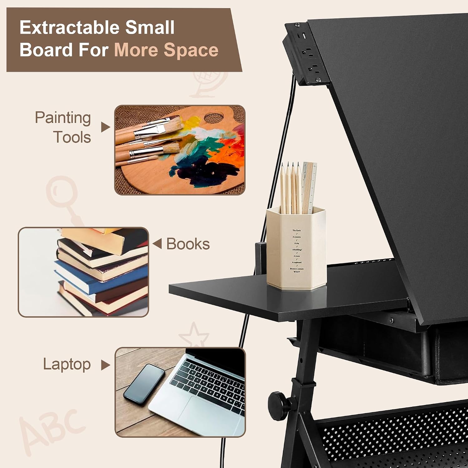 ZENY Adjustable Drafting Table with Stool Tilting Drawing Desk Artist Table | with Outlet, Storage Drawers, Art Craft Workstation for Home Office Reading, Writing, Crafting, Black