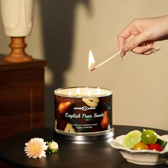 Over 50 Hours Jar Candle - 4-Wick Long-Lasting Scented Candles, 18oz Natural Soy Wax Candle for Home, Candle Gifts for Women & Men, English Pear Suede