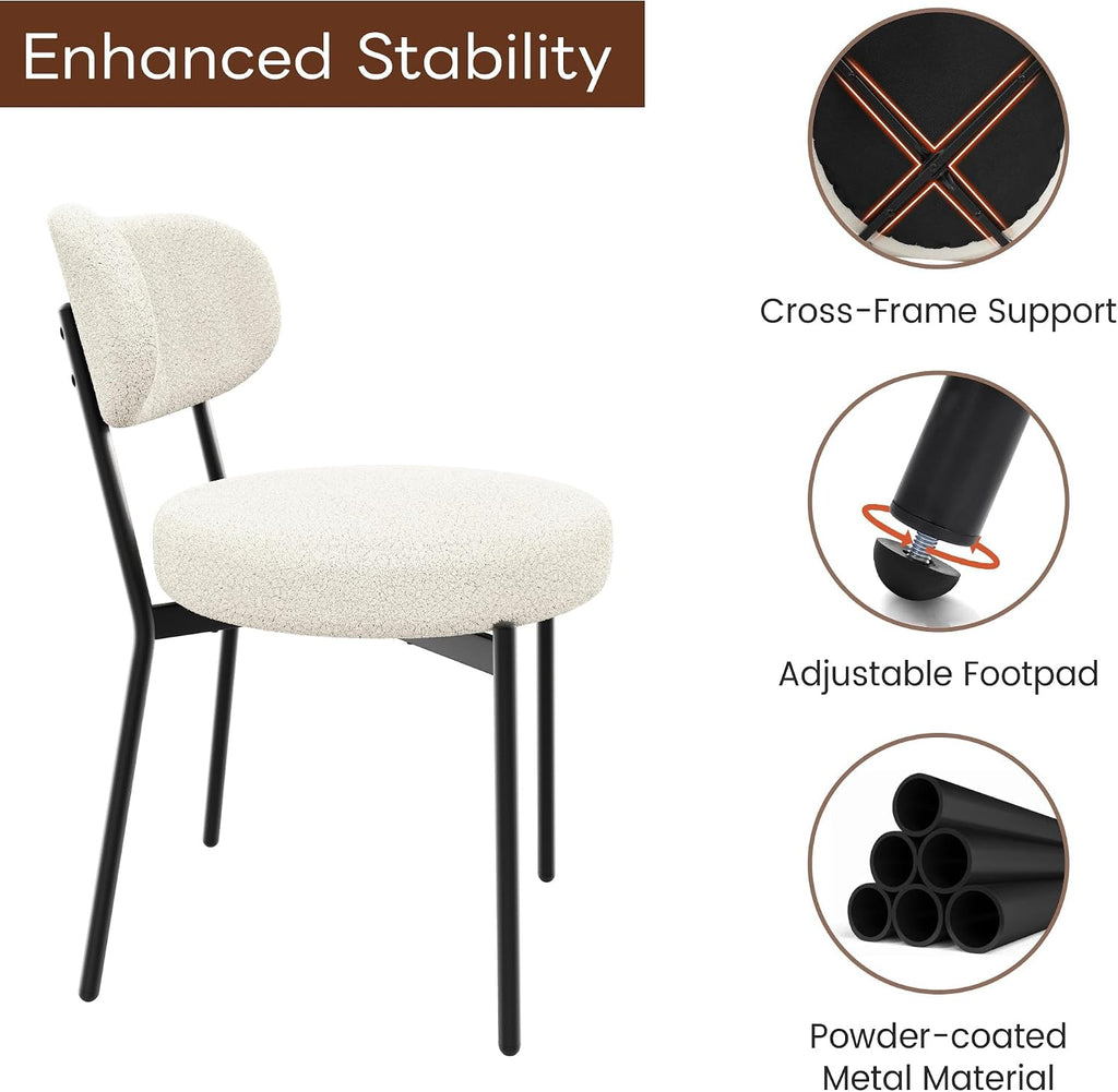 KROFEM Set of 4 Boucle Fabric Dining Chairs,White | Mid Century Modern Design,Polished Chrome Frame,Upholstered Seat