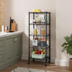Small 5 Tier Shelves Storage Wire Shelving Unit Metal Shelf Adjustable Organizers Storage Shelving with Wheels for Bathroom Laundry Room Kitchen Pantry12”D x 18”W x 57.2”H Black