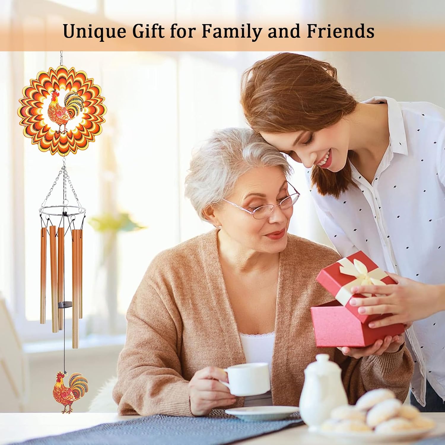 Wind Chimes for Outside with Chicken Wind Spinner, Unique Birthday Thanksgiving for Women Mom Grandma Neighbors Chicken Lovers, Outdoor Farm House Garden Yard Rooster Decor