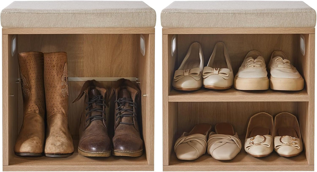 YMYNY Small Shoe Storage Bench with Cushion, 2 Tier Entryway Bench with Storage, Shoe Rack Bench for Entryway, Living Room, Hallway, Closet, Bedroom, 15.4L*11W*16.54H, Light Natural UHBD028R