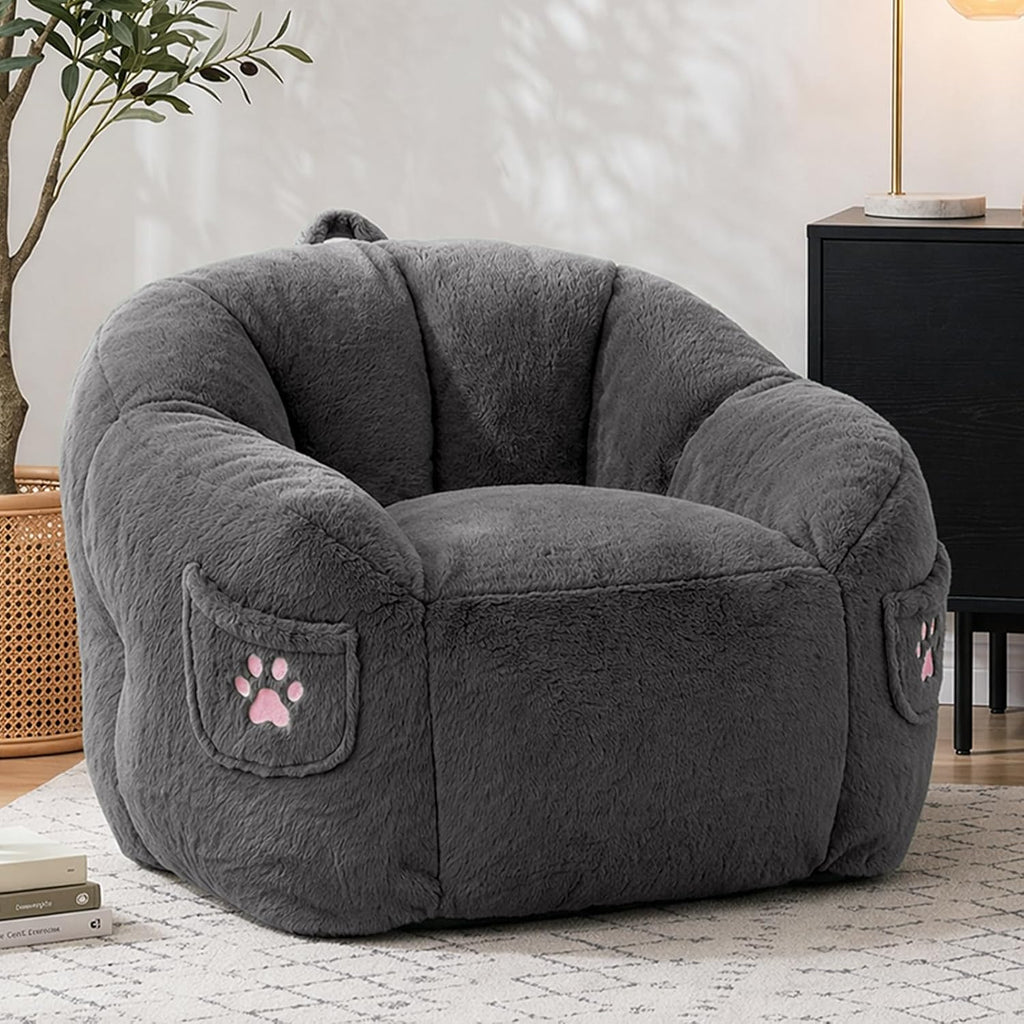 Vipbear Cat Paw Bean Bag Chair, Oversized Air-Cushion Sofa Chair Dark Gray | 39", air-cushion filling, cat paw Pocket, carry handle, oversized firm support, ergonomic, plush faux fur, gaming, reading