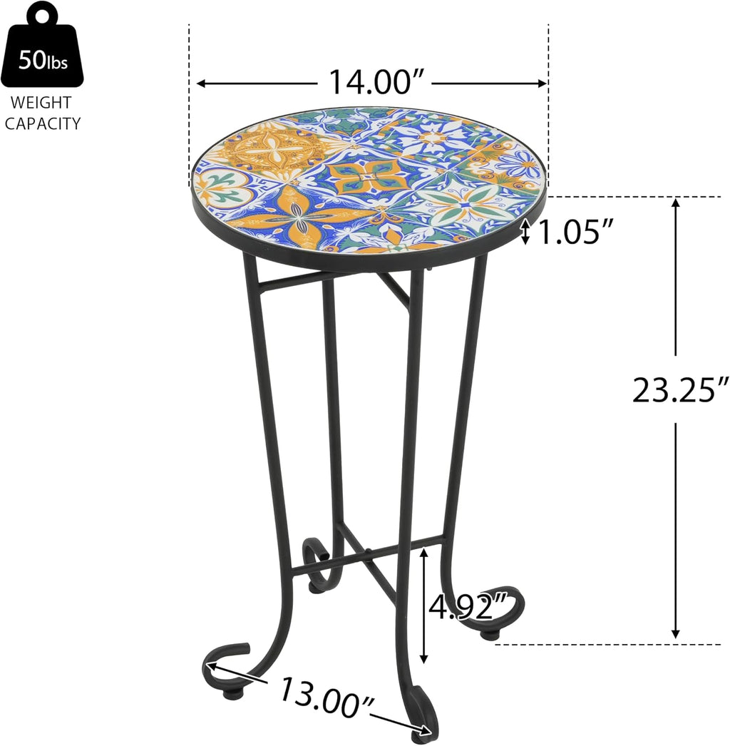 Outdoor Round Side Table,Ceramic Top Patio End Table with Metal Frame,Modern Small Accent Table Coffee Tea Table for Patio Garden Balcony Porch Indoor 14" Classic Revival
