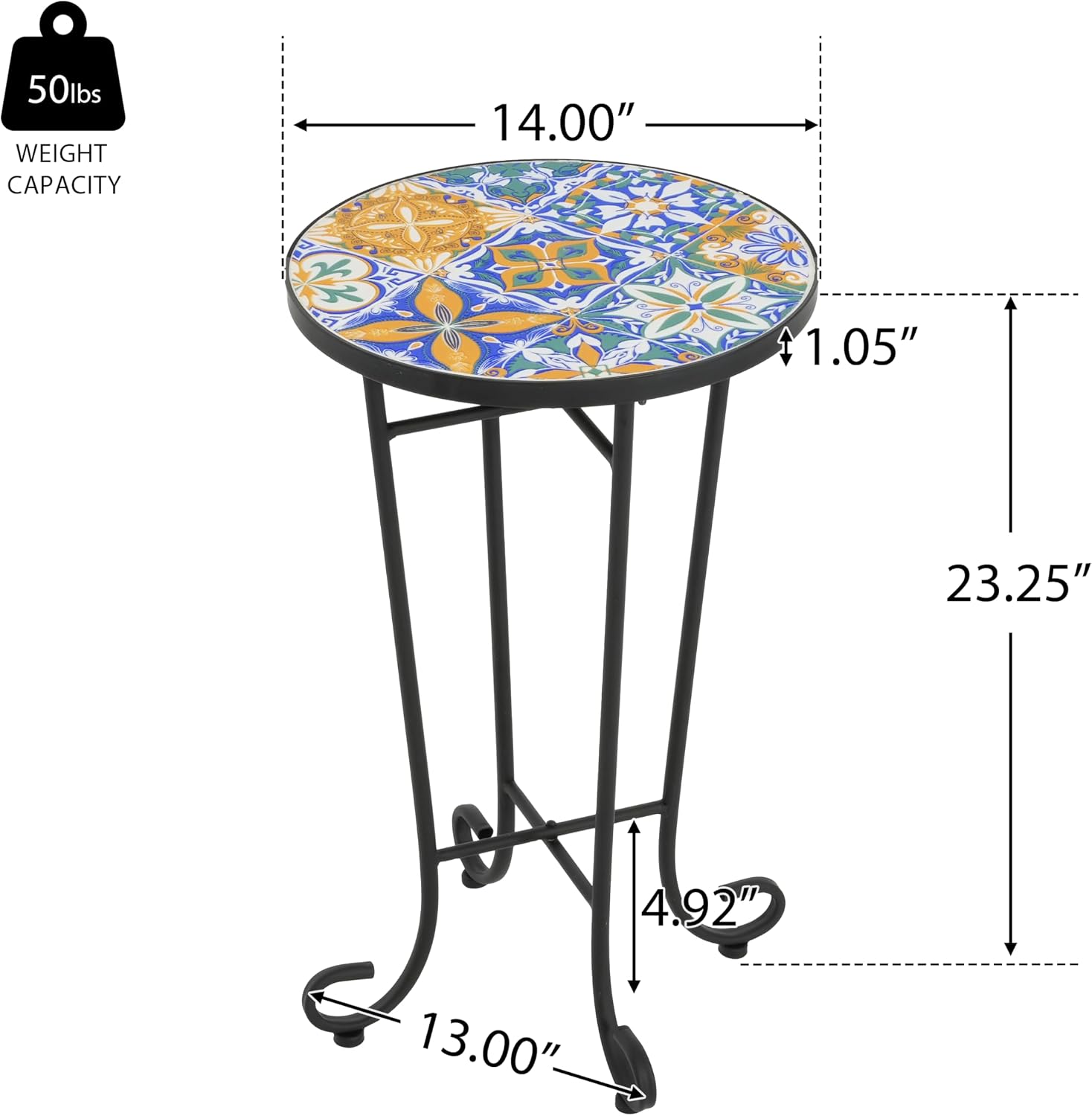 Outdoor Round Side Table,Ceramic Top Patio End Table with Metal Frame,Modern Small Accent Table Coffee Tea Table for Patio Garden Balcony Porch Indoor 14" Classic Revival