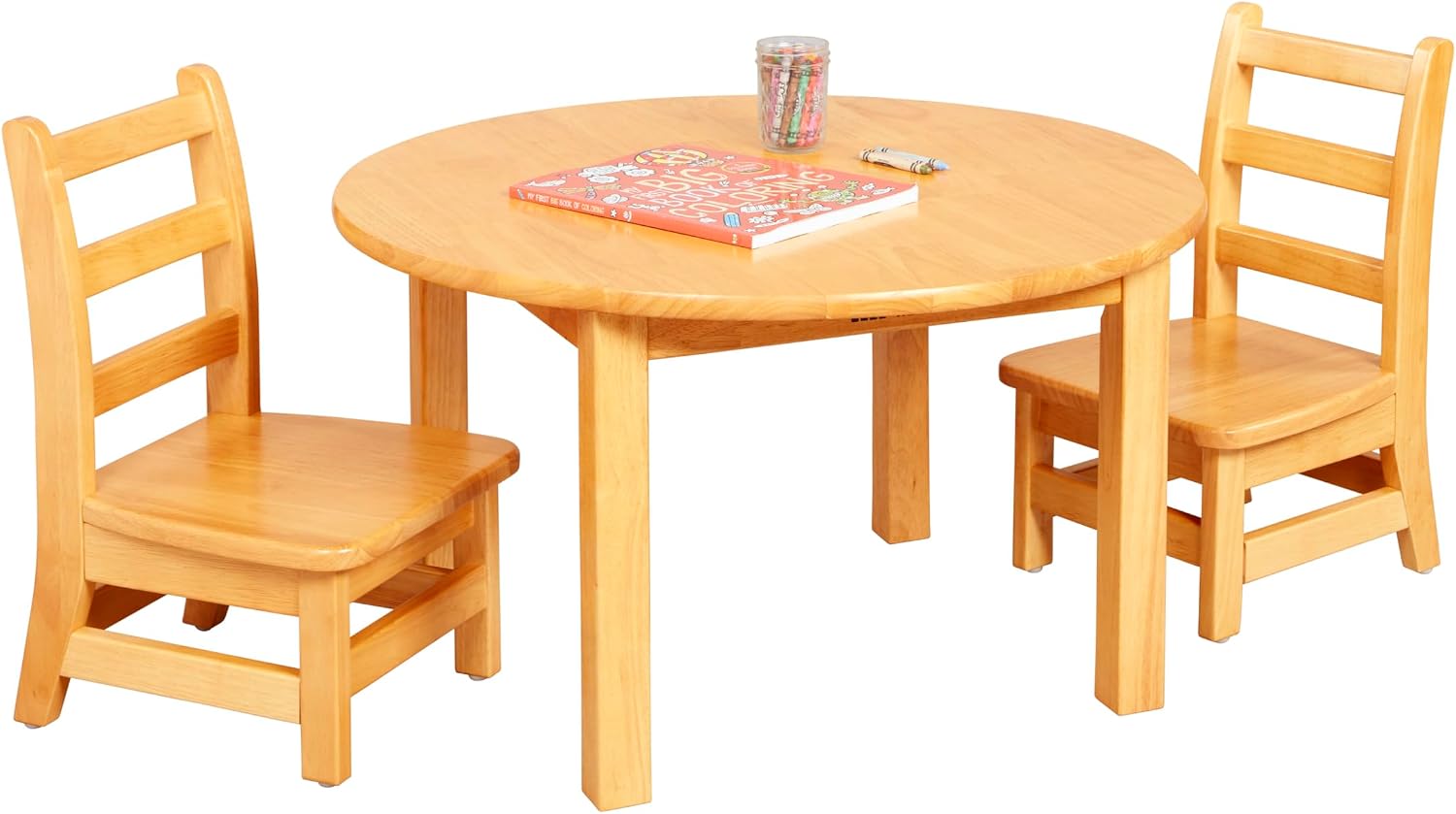 ECR4Kids 30in D Round Hardwood Table with 16in Legs and Two 8in Chairs, Kids Furniture, Honey | Durable rubberwood, GREENGUARD Gold Certified, ANSI/BIFMA Compliant, 2-3 years, 74 lb seat capacity, classroom & home use