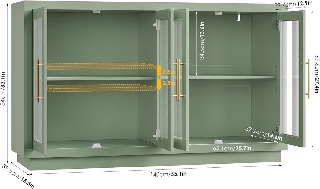 FOTOSOK Buffet Cabinet with Storage, 55.1" Large Sideboard Cabinets, Modern Sideboard Kitchen Cabinet with 4 Fluted Glass Doors, Wood Coffee Bar Buffet Table for Kitchen, Green