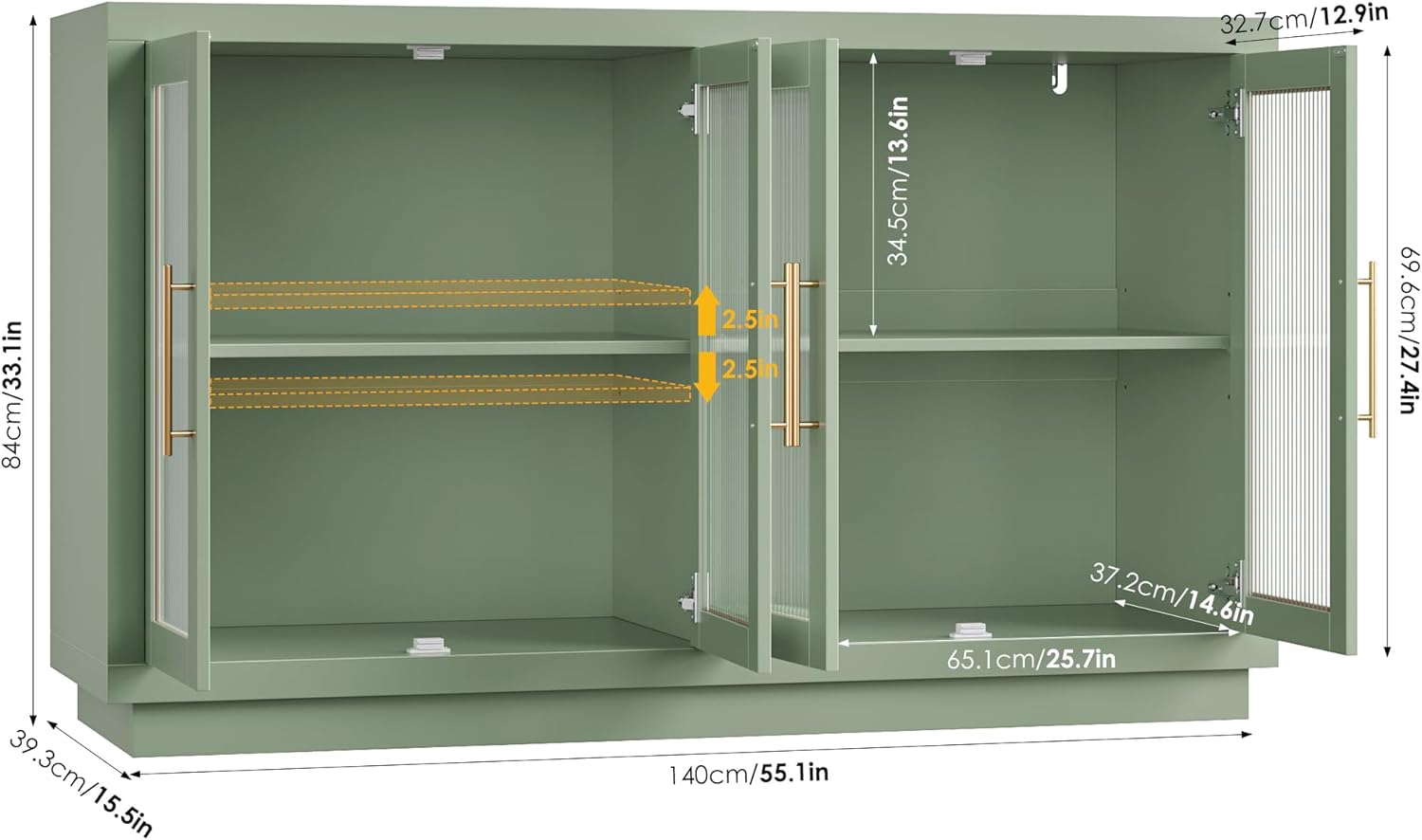 FOTOSOK Buffet Cabinet with Storage, 55.1" Large Sideboard Cabinets, Modern Sideboard Kitchen Cabinet with 4 Fluted Glass Doors, Wood Coffee Bar Buffet Table for Kitchen, Green