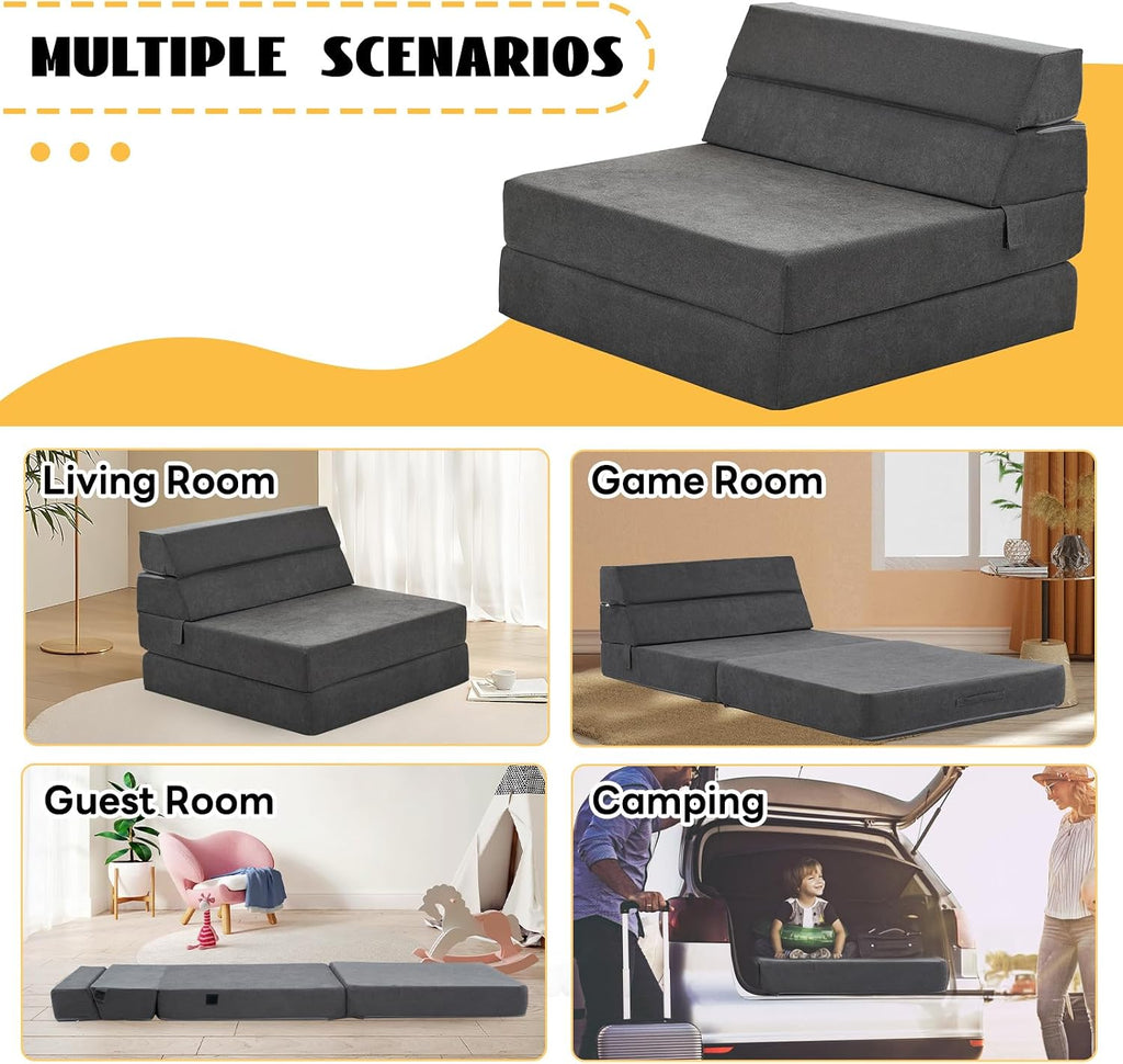 jela Foldable Sofa Bed Large Soft Foam Convertible Sleeper Chair Luxury Miss Fabric Fold Out Chair Bed Floor Couch with Back Support Floor Sofa for Living Room Bedroom (83"x33",Dark Gray)