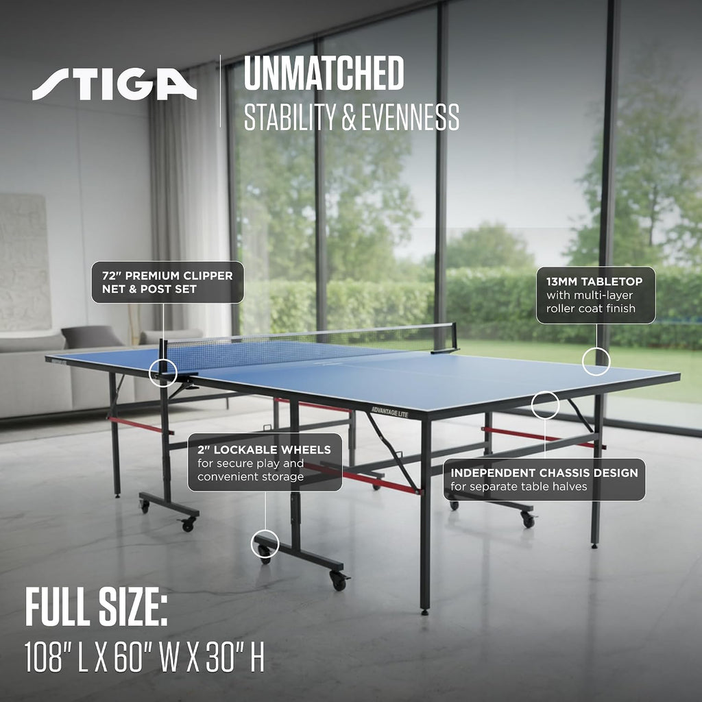 STIGA Advantage Series Indoor Ping Pong Table, Foldable Table Tennis Table - 13, 15, 18, and 25mm Tabletops - Quickplay 10 Minute Assembly - Playback Mode - Recreational- to Tournament-Level