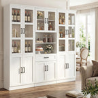 Unikito 79.7" Tall Kitchen Pantry Storage Cabinet, Freestanding Kitchen Hutch Cabinet with Tempered Glass Door, Adjustable Shelves and Drawer, Large Display Bookcase for Living Room Dining Room, White