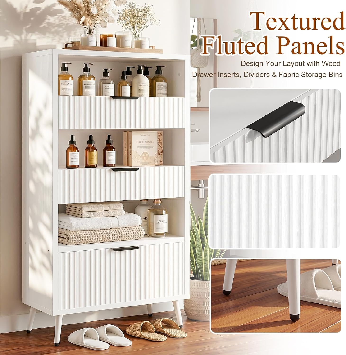 Bathroom Storage Cabinet, 51.2" H 5-Tier Freestanding Pantry Cabinet with 3 Extra-Large Drawers & Open Shelf, Fluted Floor Organizer Cupboard for Kitchen, Living Room, Anti-Tip, White