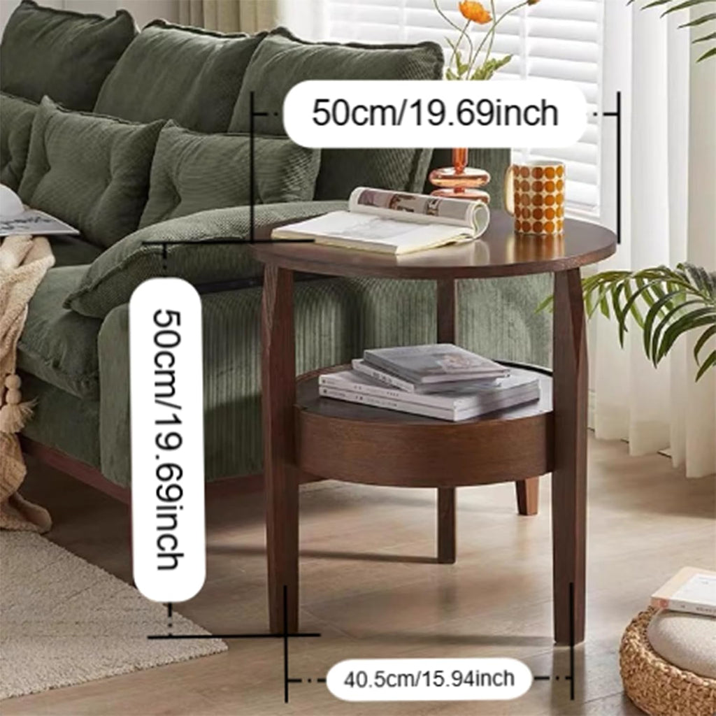YUNMUAIR-Round Side Table with Drawer,2-Tier Vintage End Table with Storage,Natural Solid Wood Nightstand,19.69-inch Tall Side Tables,Mid-Century Modern End Tables for Living Room,Bedroom