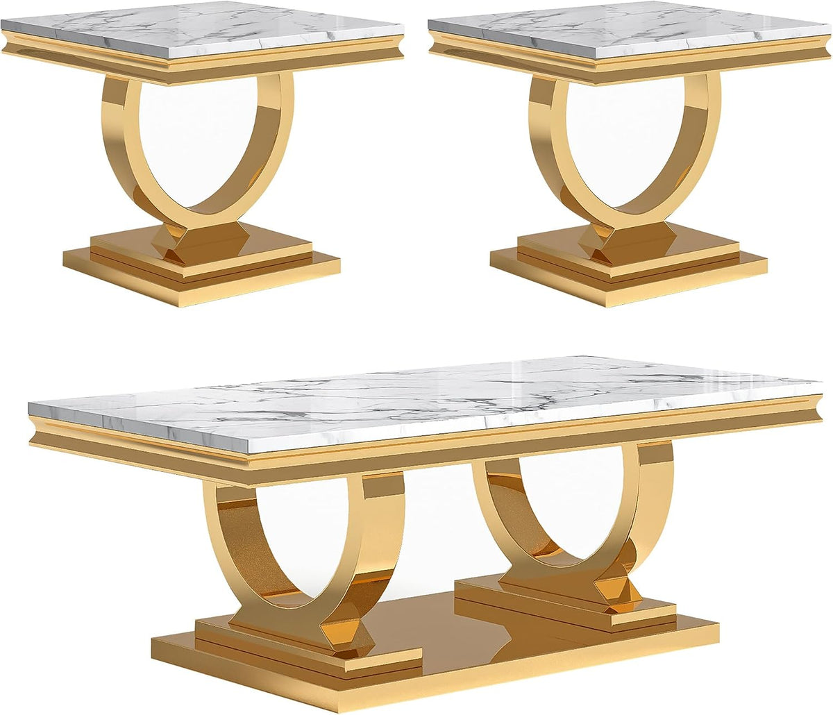 Marble Coffee Table Set of 3, Includes 1 Coffee Table with 2 Square End Side Tables, Luxury 3 Piece Living Room Table Set with White Faux Marble Tabletop & Gold Stainless Steel Base