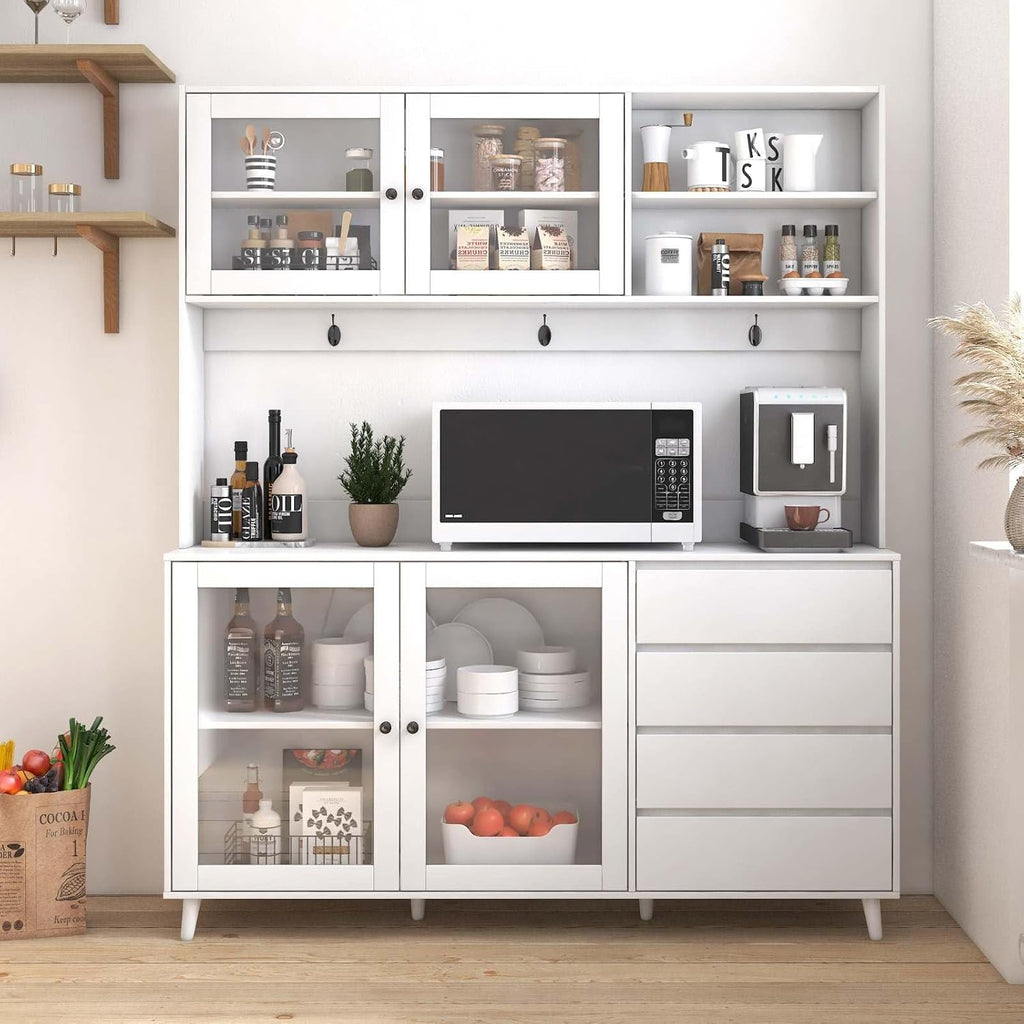 Modern White Kitchen Buffet and Hutch Storage Cabinet with Glass Doors, 4 Drawers, Open Shelves, and Hooks, Multifunctional Sideboard for Dining Room and Kitchen Organization