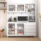 Modern White Kitchen Buffet and Hutch Storage Cabinet with Glass Doors, 4 Drawers, Open Shelves, and Hooks, Multifunctional Sideboard for Dining Room and Kitchen Organization