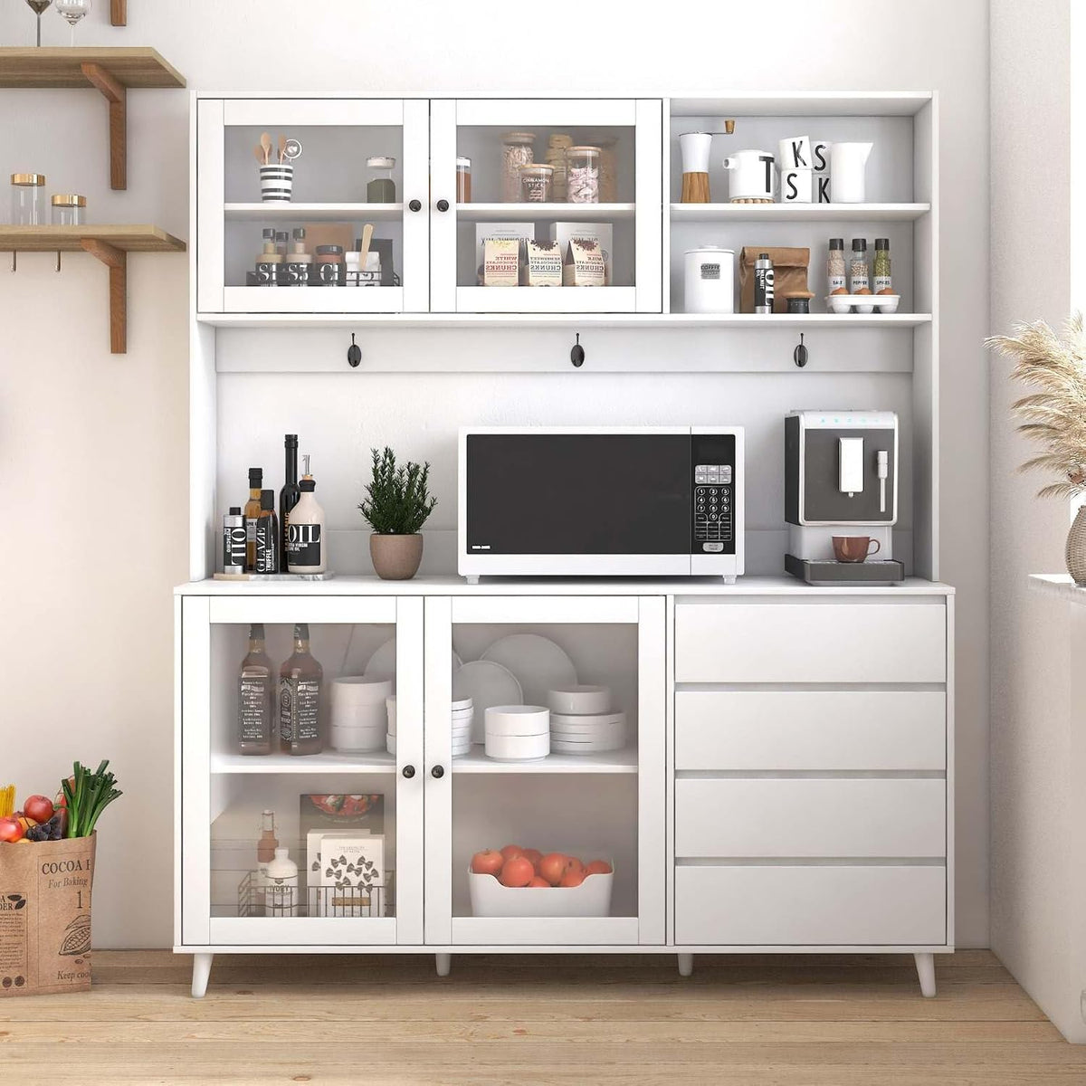 Modern White Kitchen Buffet and Hutch Storage Cabinet with Glass Doors, 4 Drawers, Open Shelves, and Hooks, Multifunctional Sideboard for Dining Room and Kitchen Organization