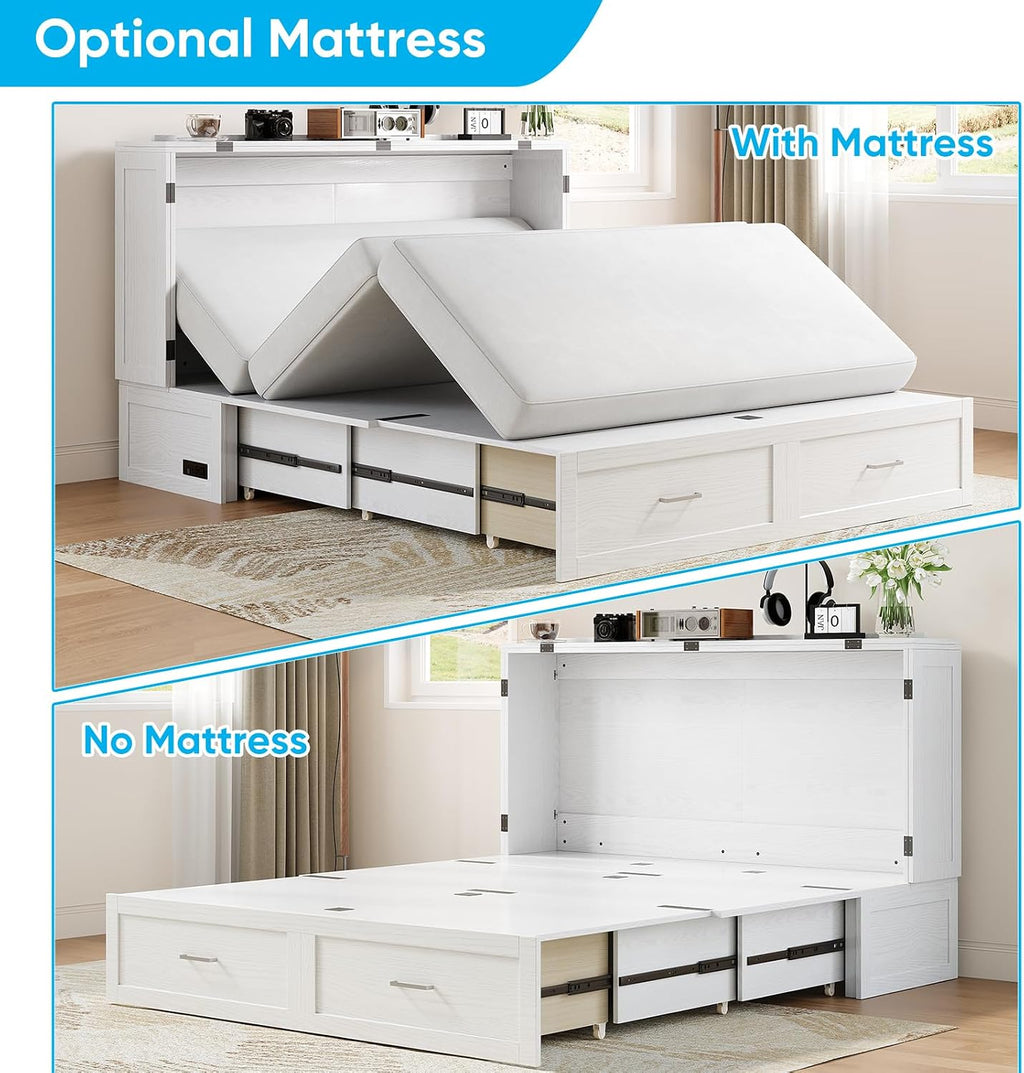 Mjkone 64" Width Queen Size Murphy Bed Cabinet with USB Charging Station, Guest Cabinets Bed with Large Drawers, Cube Cabinet Chest Beds for Bedroom, Home Office, Mattress Not Included, White