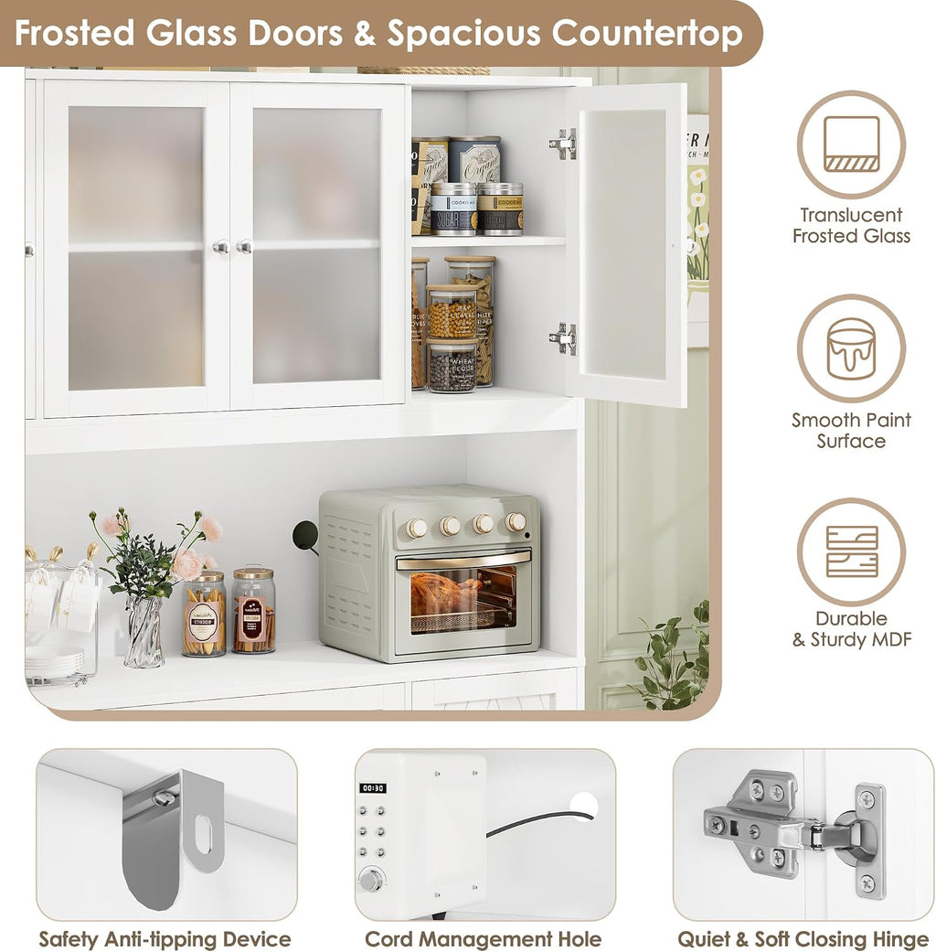 BOTLOG 72" Tall Kitchen Pantry Cabinet, 55.1" Wide Large Kitchen Hutch with Microwave Countertop, Coffee Bar Station with Drawer & Doors, White Freestanding Buffet Cupboard for Dining Room