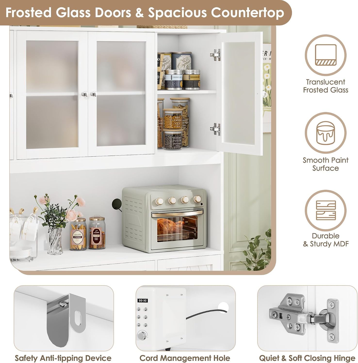 BOTLOG 72" Tall Kitchen Pantry Cabinet, 55.1" Wide Large Kitchen Hutch with Microwave Countertop, Coffee Bar Station with Drawer & Doors, White Freestanding Buffet Cupboard for Dining Room