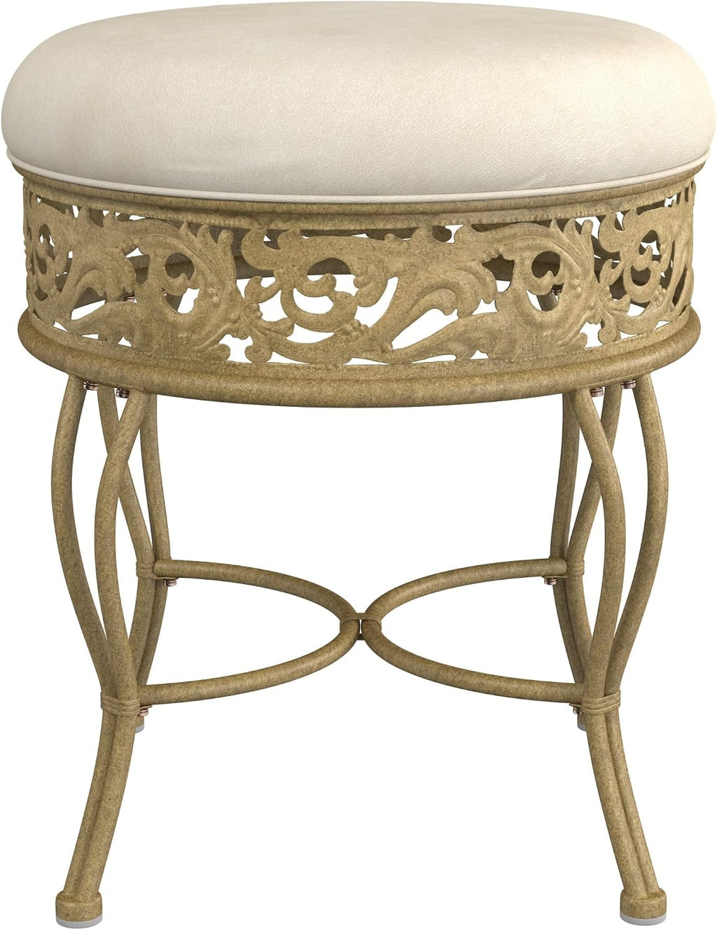 Hillsdale Villa III Backless Metal Vanity Stool with Ornate Lattice Detailing, Antique Beige