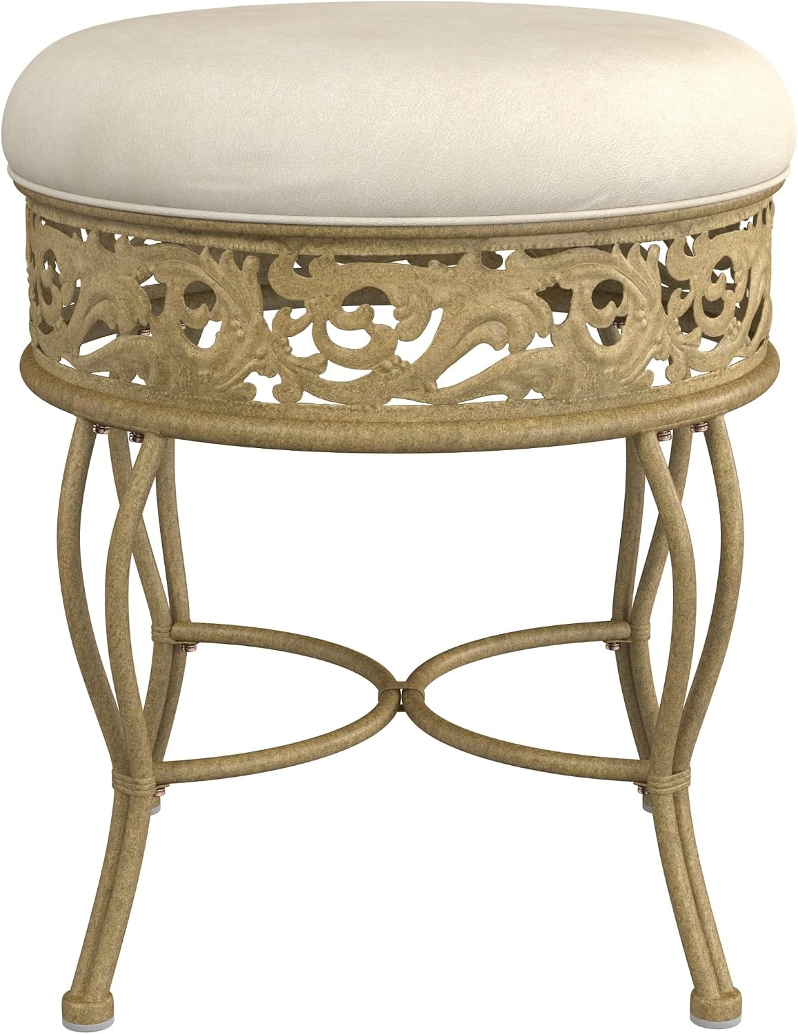 Hillsdale Villa III Backless Metal Vanity Stool with Ornate Lattice Detailing, Antique Beige