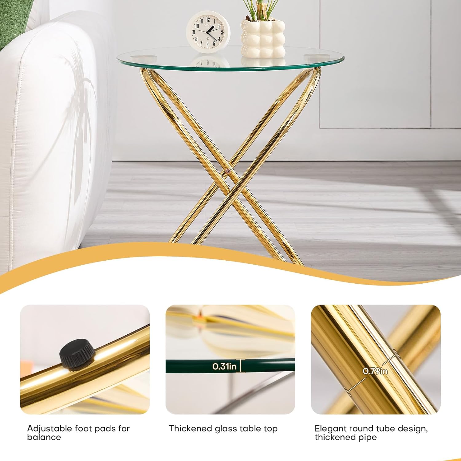BECHAEO 19.7" Round Glass Gold Side Table with Gold-Plated Metal Ring-Shaped Frame for Living Room, Modern Round Glass End Table Nightstand for Bedroom, Small Side Table for Small Spaces