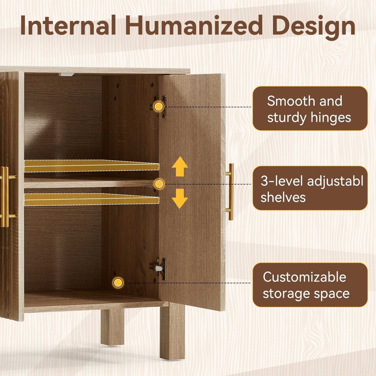 ECOTOUGE Natural 4-Door Fluted Buffet Cabinet with Storage