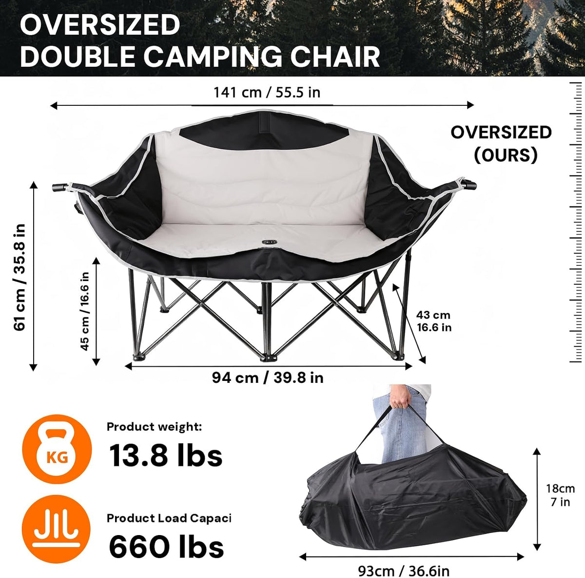 Double Camping Chair 2 Person Oversized Heavy Duty Padded Outdoor Folding Loveseat with Dual Cup Holders for Lawn Beach