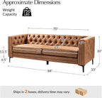 HULALA HOME 84" Faux Leather Sofa, Mid Century Modern 3 Seater Couch, Camel | Button-Tufted Sofa with Metal Legs, Square Armrests, Supportive Cushions, Easy Assembly, for Living Room Bedroom Apartment