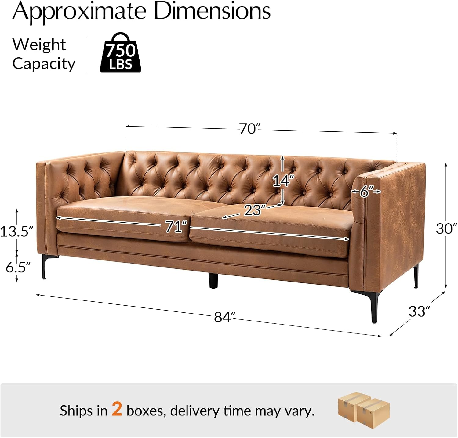 HULALA HOME 84" Faux Leather Sofa, Mid Century Modern 3 Seater Couch, Camel | Button-Tufted Sofa with Metal Legs, Square Armrests, Supportive Cushions, Easy Assembly, for Living Room Bedroom Apartment