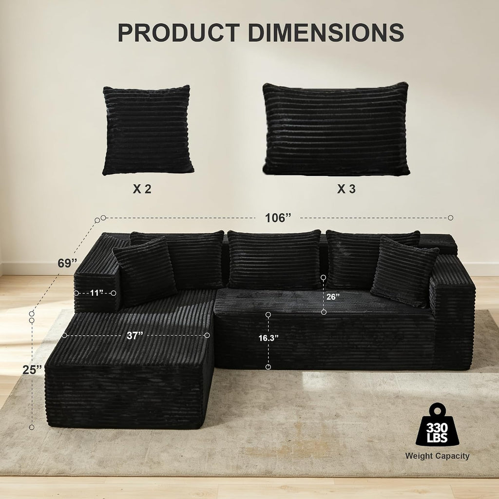 106" L Shaped Modular Cloud Sectional Sofa with Cushions, Black | 4-in-1 DIY Combination, Ultra-Wide Corduroy Fabric, No Assembly Required, Right Hand Facing Couch for Living Room
